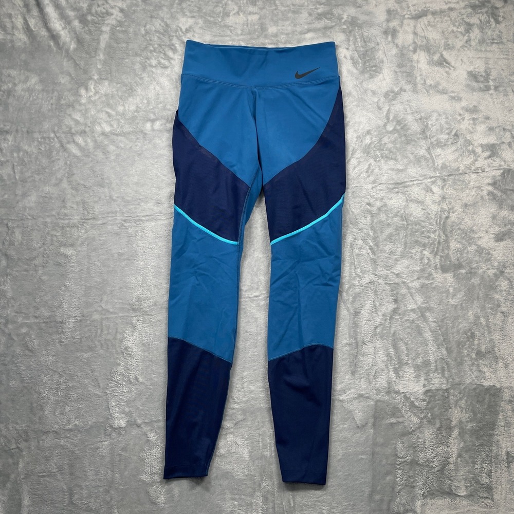 Nike Dri-FIT‎ Colorblock Leggings Womens Blue Navy Mesh Pocket Activewear Small